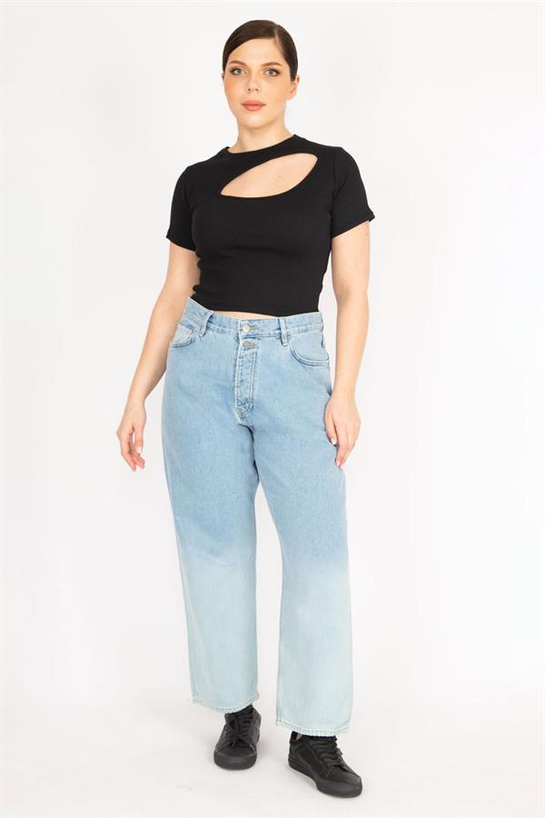 Kadın Mavi Büyük Beden Yıkama Efektli Ön Düğmeli 5 Cepli Kot Pantolon