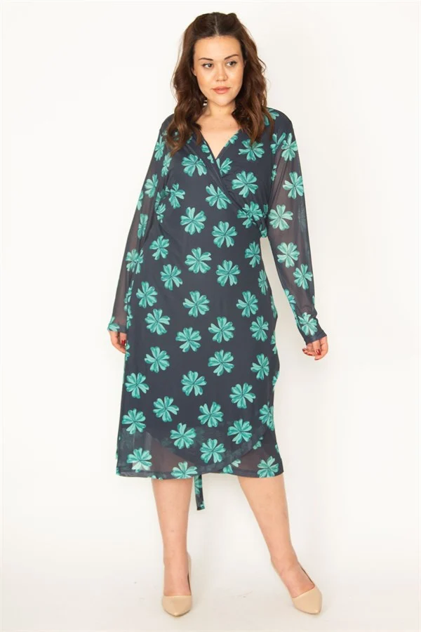 KADIN SİYAH KOLLARI TÜL BEDENİ ASTARLI KUŞAK BAĞLAMALI ÖNÜ AÇIK ANVELOP ELBİSE