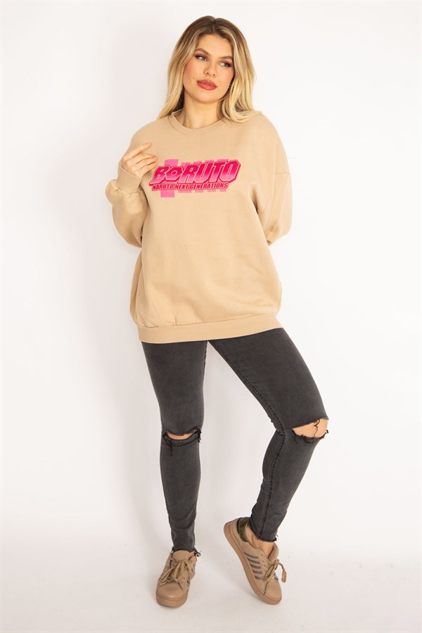 Kadın Camel İçi Şardonlu 3 İplik Kumaş  Sweatshirt 65N35086