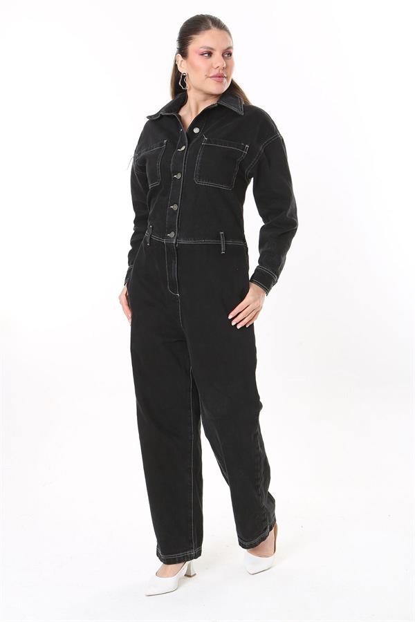 Kadın Büyük Beden Siyah Kontrast Dikişli Metal Düğmeli Kot Tulum 65N37723