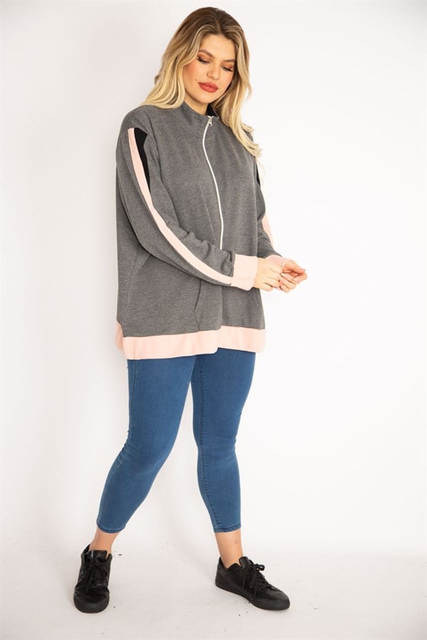 Kadın Gri Ön Fermuarlı Kanguru Cepli Sweatshirt Mont 65N35046