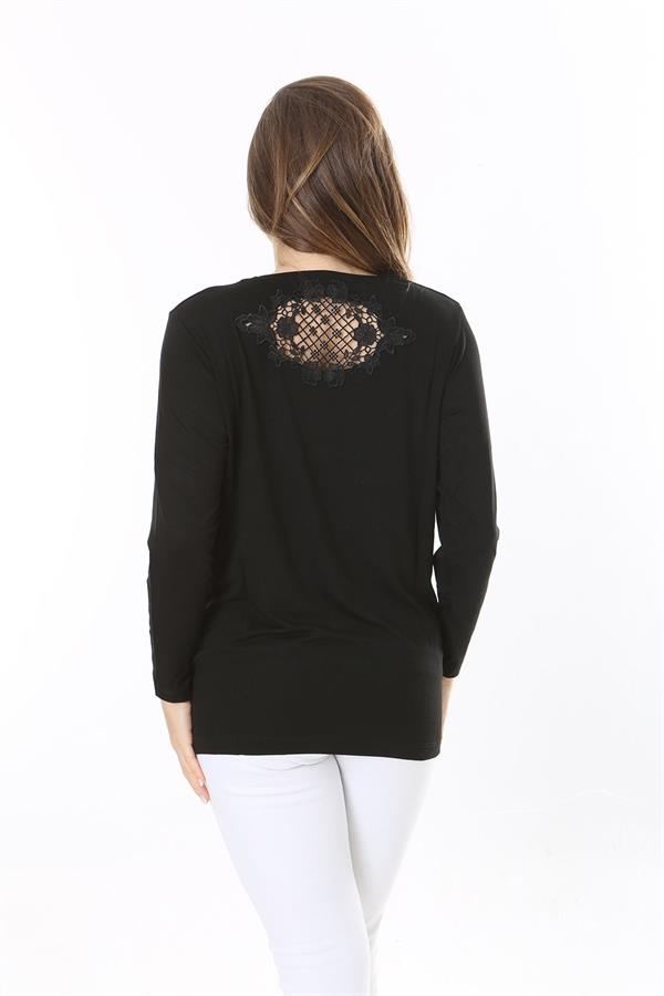 Kadın Büyük Beden Siyah Önü Taş Ve Sırtı Dantel Detaylı Uzun Kollu Bluz 65N37803