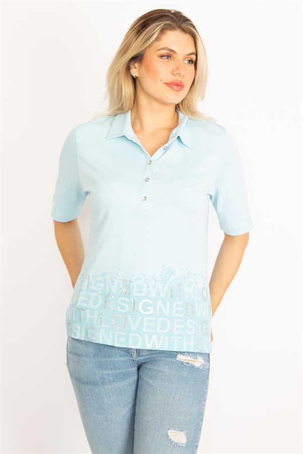 Kadın Haki Polo Yaka Pat Düğmeli Sim Ve Taş Detaylı Bluz 65N34521