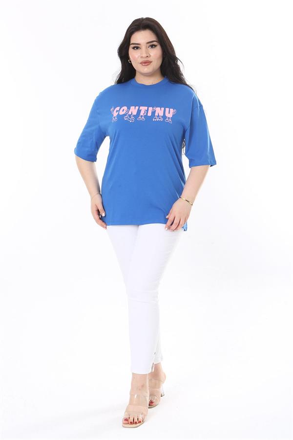 Kadın Büyük Beden Saks Pamuk Kumaş Ön Baskılı Kısa Kollu Bluz 65N38008