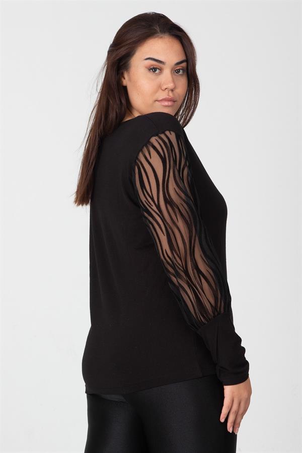 Kadın Siyah Kollari Tül Flok Bluz 65N12468