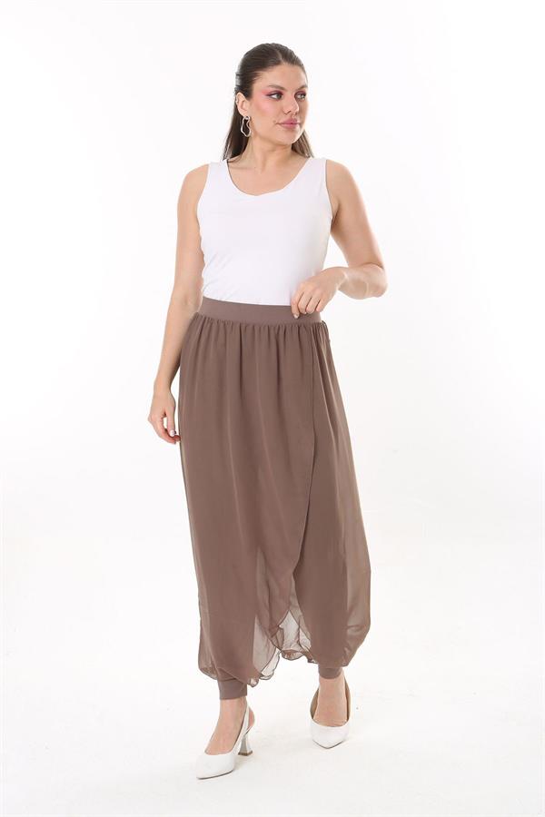 Kadın Büyük Beden Lacivert İçi Viskon Pantolonlu Şifon Anvelop Görünümlü Şalvar   65N37631