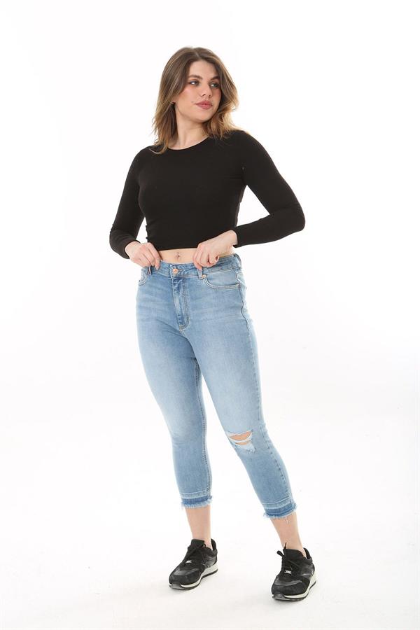 Kadın Büyük Beden Mavi Yırtık Detaylı 5 Cep Likralı Kot Pantolon 65N37601