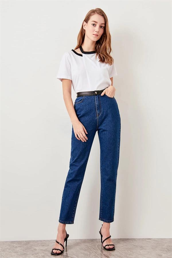 Kadın Mavi , Deri Detaylı , Yüksek Bel Kot Pantolon