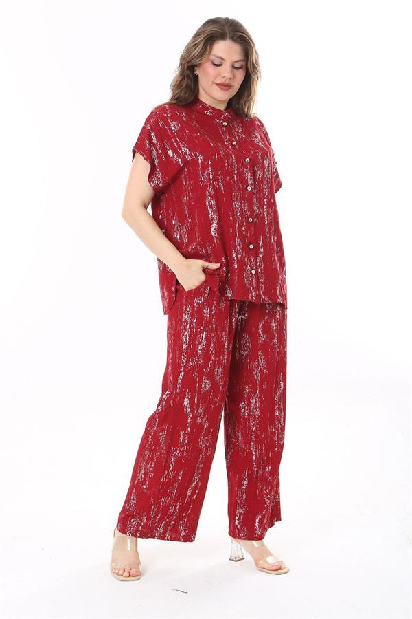 Kadın Büyük Beden Bordo Ön Düğmeli Bluz Beli Lastikli Panyolon İkili Takım 65N37971