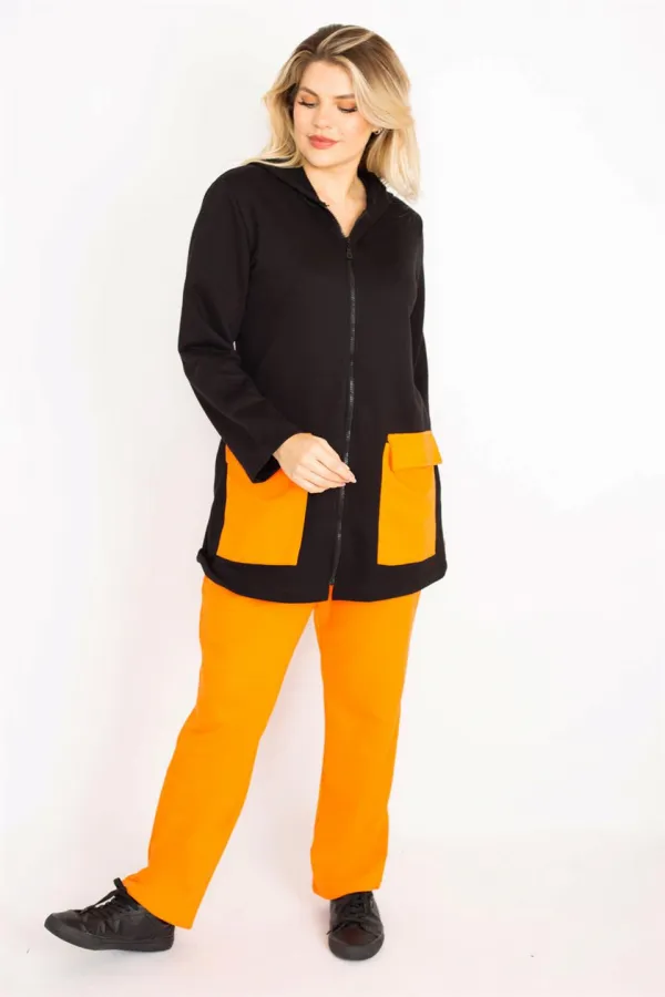 Kadın Büyük Beden Oranj-Siyah, Cep Kombinli Kapşonlu Ön Fermuarlı Sweatshirt Pantolon Takım 65N39162