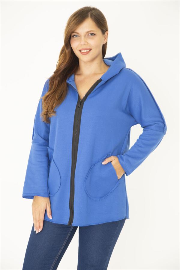 Kadın Büyük Beden Saks Ön Fermuar Ve Cepli Kapşonlu Kaşe Mont 65N36969