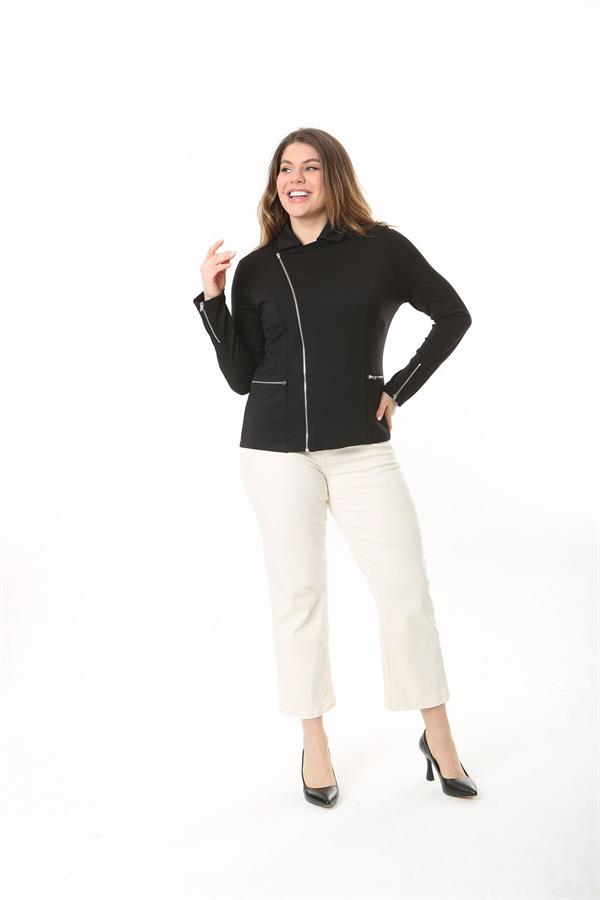 Kadın Büyük Beden Siyah Fermuar Detaylı Astarsız Ceket 65N37540