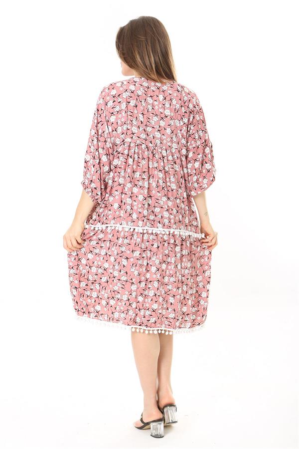 Kadın Büyük Beden Pembe Ön Patı Düğmeli Göğüs Büzgü Ve Ponpon Detaylı Elbise 65N37870