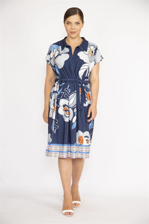 Kadın Lacivert Büyük Beden Yakalı Ön Pat Fermuarlı Beli Kuşaklı Elbise