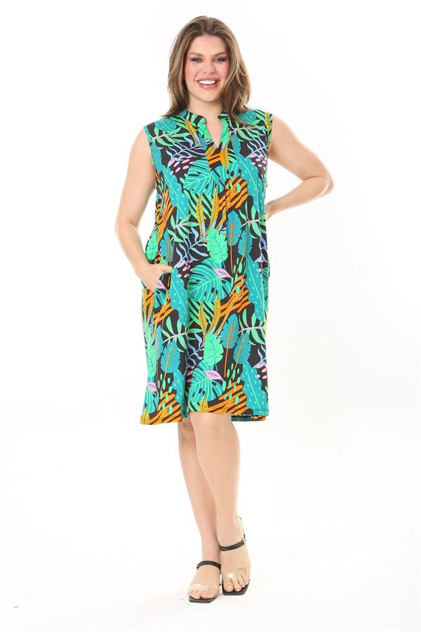 Kadın Büyük Beden Yeşil V Yakalı Desenli Kolsuz Elbise 65N37886