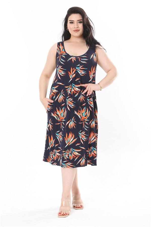 Kadın Büyük Beden Renkli Bisiklet Yakalı Göğüs Pileli Kolsuz Uzun Elbise 65N37946