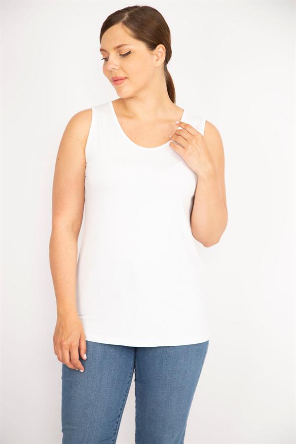 Kadın Büyük Beden Kemik Bisiklet Yakalı Kolsuz Bluz 65N37273