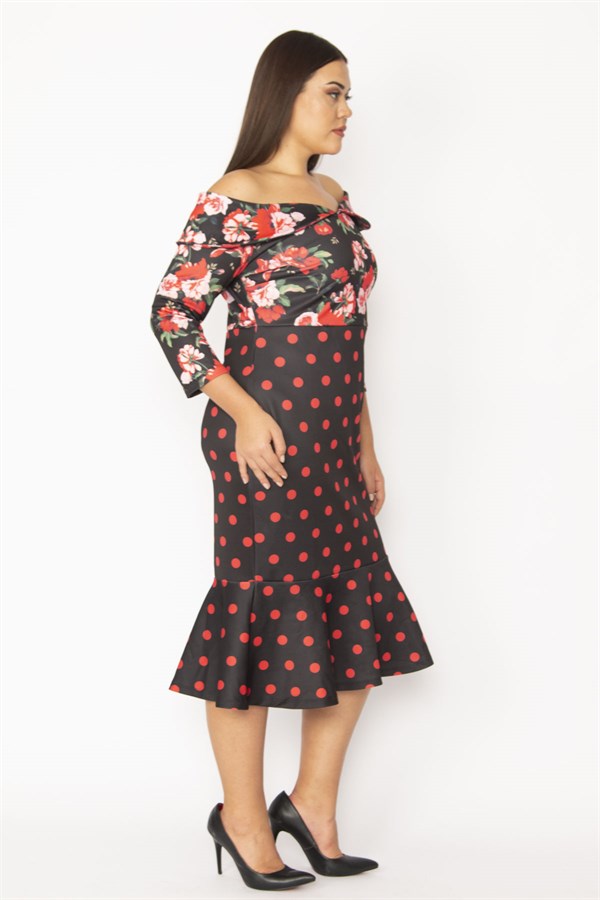 KADIN SİYAH YAKA DETAYLI KAPRİ KOLLU ETEK UCU VOLANLI ELBİSE