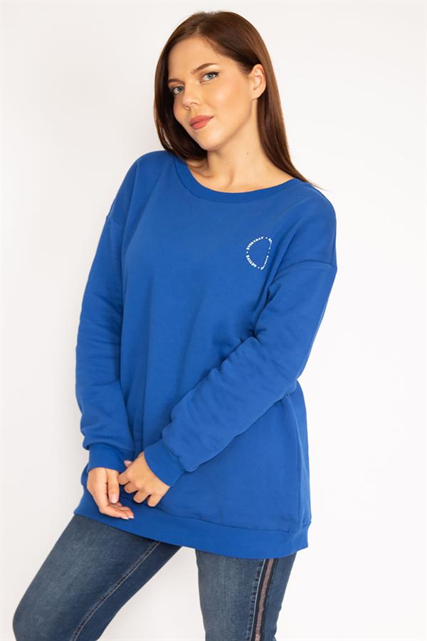 Kadın Saks Büyük Beden 3 İplik İçi Şardonlu Sweatshirt 65N35609