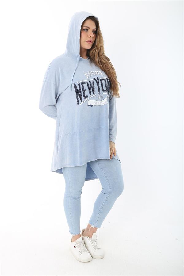 Kadın Büyük Beden Mavi Payet Detaylı Arkası Uzun Kapşonlu Sweatshirt 65N37463