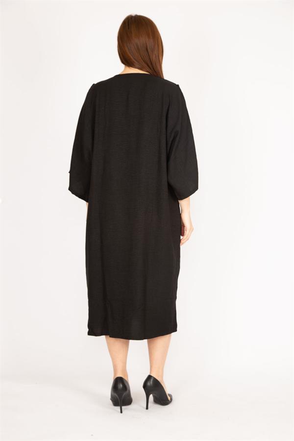 Kadın Camel Büyük Beden Omuz Dekolteli Ön Düğmeli Elbise