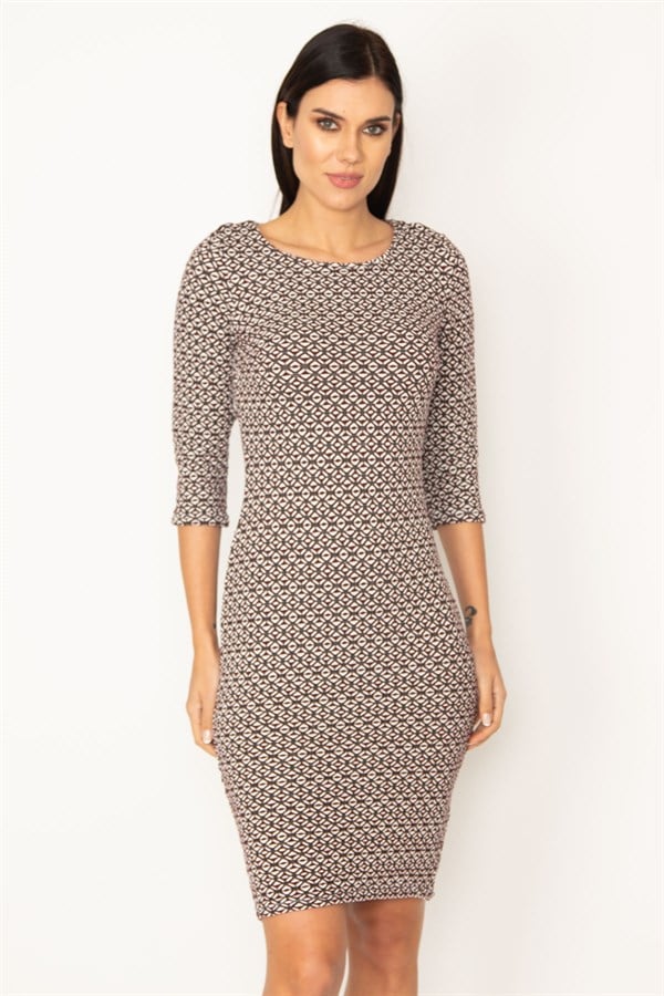 ROBE À MANCHES CABAS EN TISSU LYCRA JACQUARD MARRON POUR FEMME