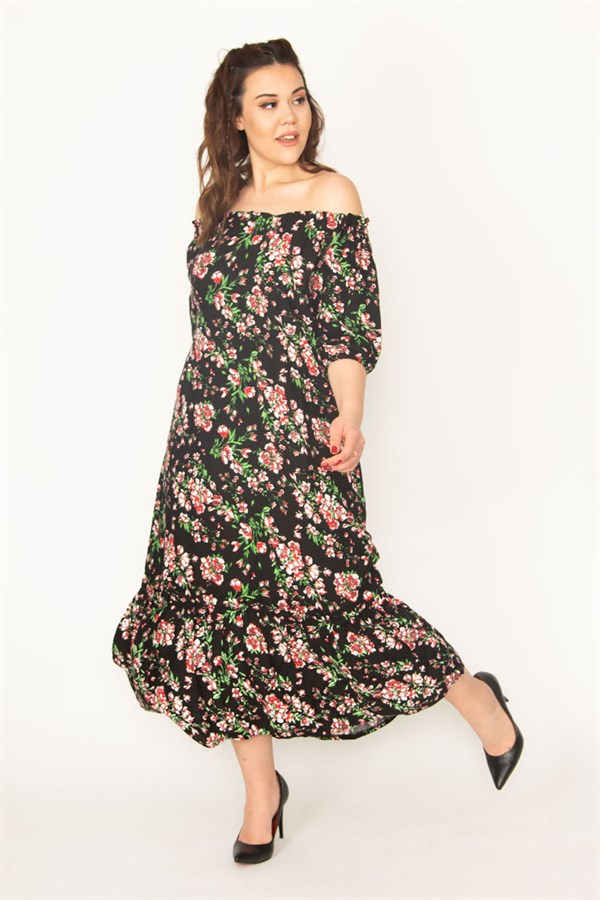 KADIN EFLATUN DOKUMA VİSKON KUMAŞ MADONNA YAKA KOL AĞZI VE YAKASI LASTİKLİ KATLI ELBİSE