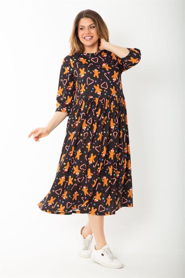 Kadın Büyük Beden Siyah Noel Desenli Belden Büzgülü Kapri Kollu Elbise 65N37427