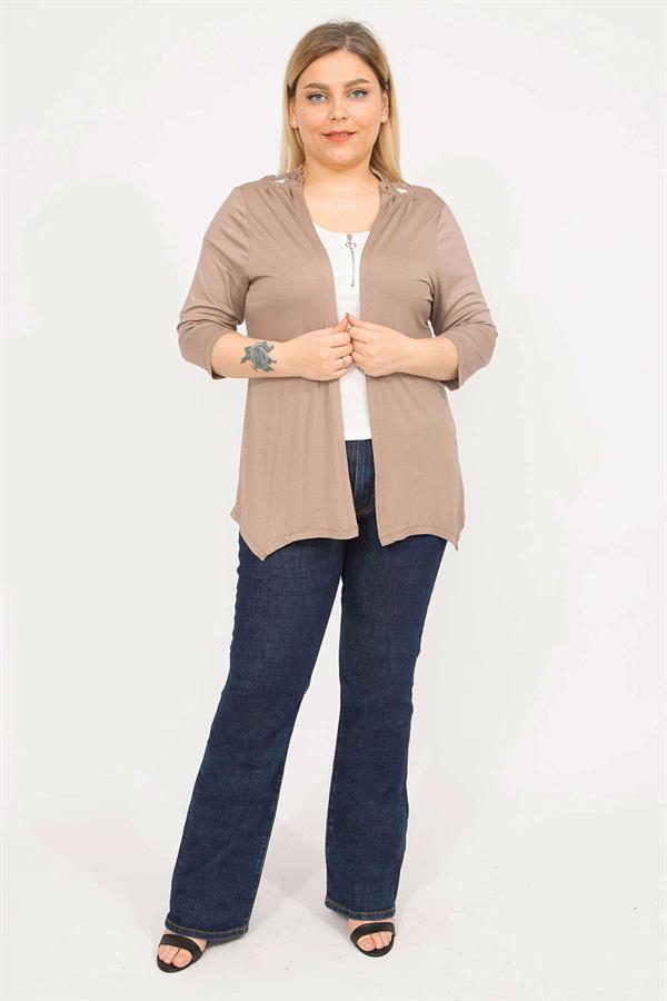 Kadın Vizon Büyük Beden Sırtı Dantel Detaylı Kapri Kollu Hırka 65N35780