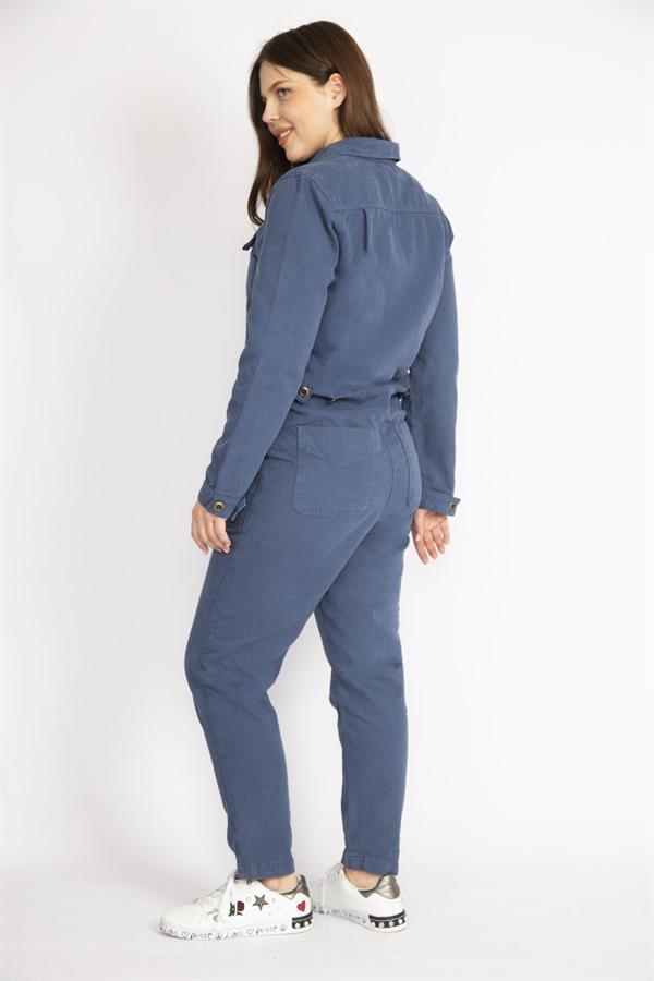 Kadın İndigo Büyük Beden Ön Düğmeli Gabardin Tulum