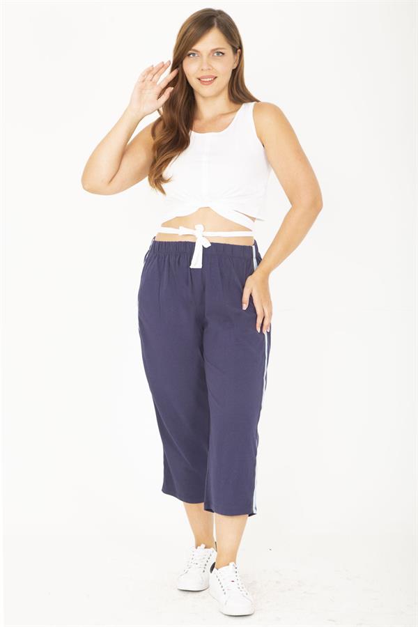 Kadın Büyük Beden Mavi Pamuk Kumaş Yan Şeritli Fermuarlı Tek Cepli Eşofman Alt 65N36809