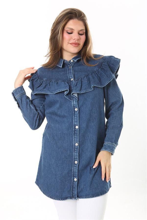 Kadın Büyük Beden Lacivert Volan Detaylı Ön Düğmeli Kot Tunik 65N37891