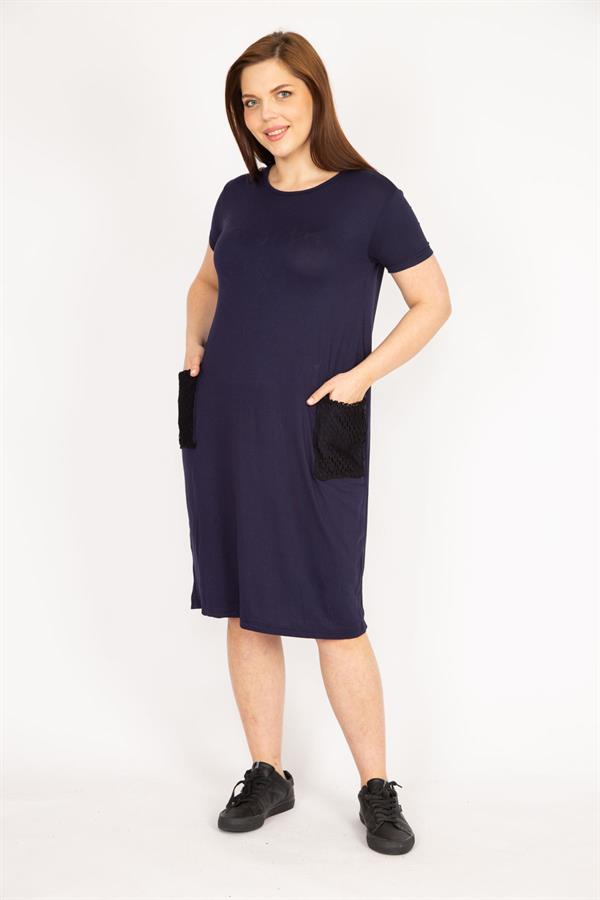 Kadın Lacivert Büyük Beden Cebi File Detaylı Kısa Kollu Viskon Elbise