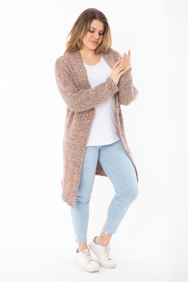 Kadın Büyük Beden Renkli Simli Kalın Triko Hırka 65N37307