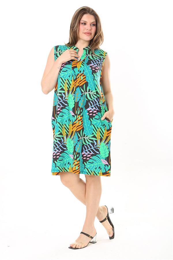 Kadın Büyük Beden Yeşil V Yakalı Desenli Kolsuz Elbise 65N37886