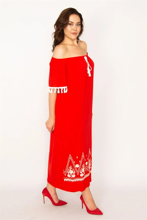 Kadın Kırmızı Karmen Yaka Nakış Ve Püskül Detaylı Uzun Elbise 65N33437
