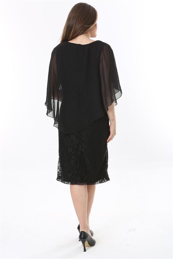 Kadın Büyük Beden Siyah Şifon Pelerinli Astarlı Dantel Elbise 65N37773