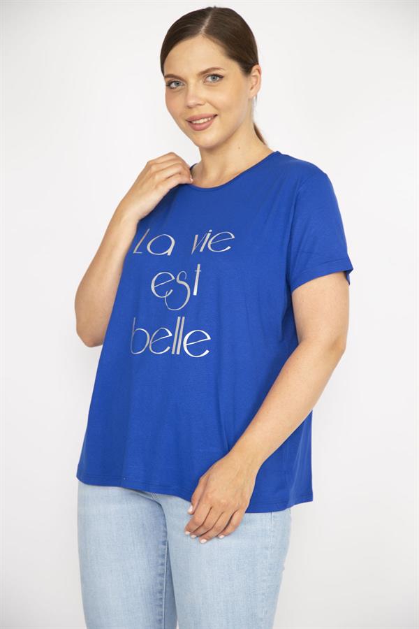 Kadın Saks Büyük Beden Lak Baskılı Bluz