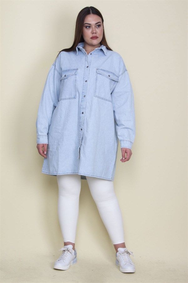 Kadın Mavi Salaş Kesim Çıtçıt Düğmeli Oversize Kot Tunik Ceket 65N28048