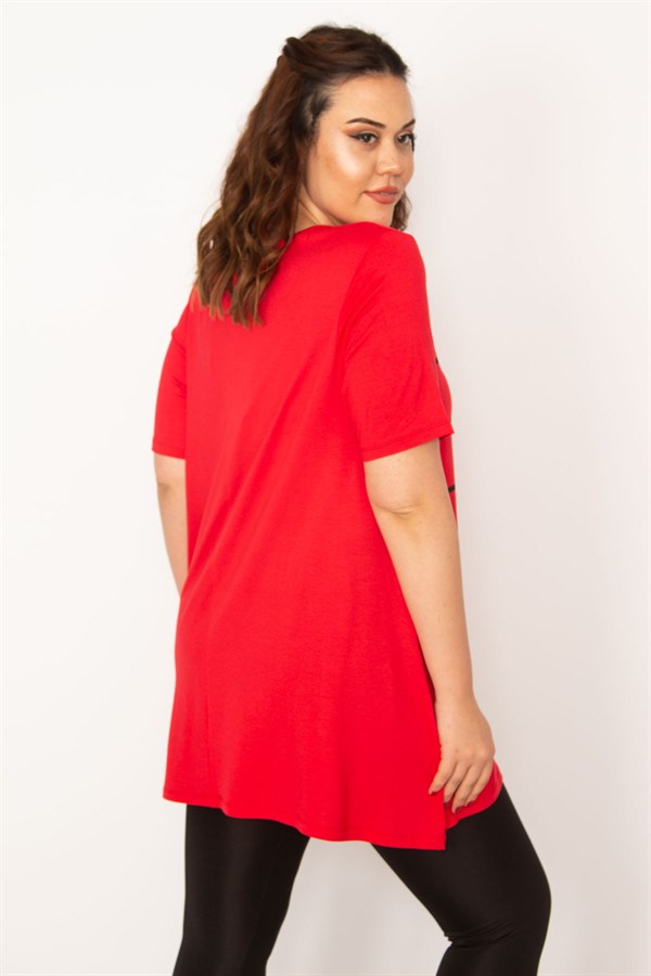 Kadın Kırmızı V Yaka Ön Baskılı Tunik 65N33343