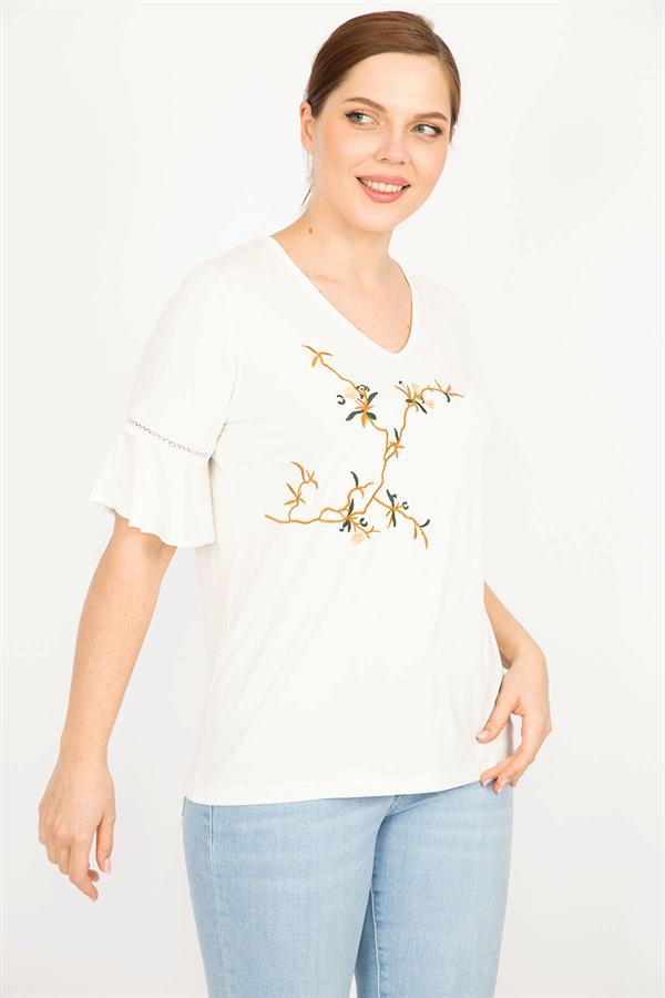 Kadın Kemik Büyük Beden Önü Nakış Ve Kolları Dantel Detaylı V Yaka Bluz
