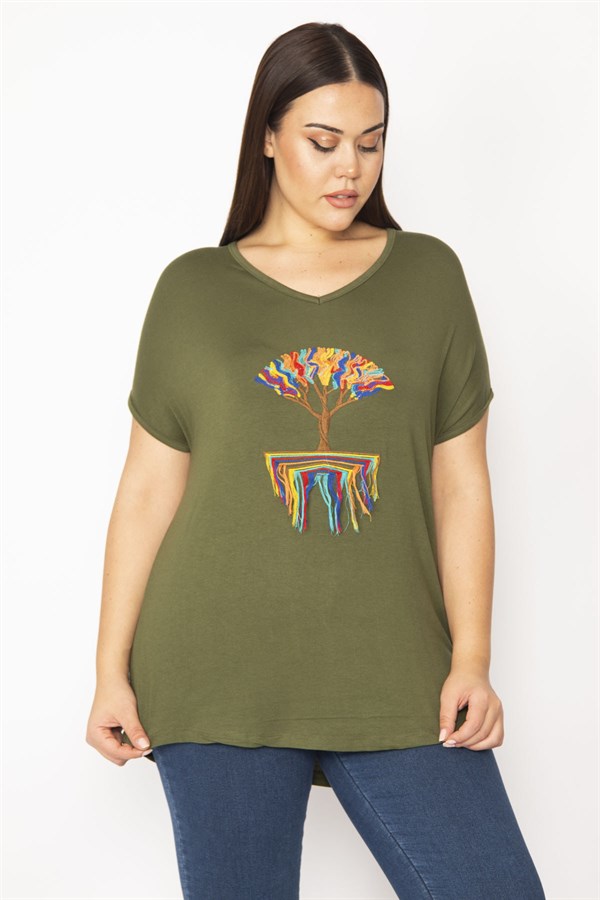 Kadın Haki Nakış Detaylı Düşük Kol Viskon Bluz 65N29506