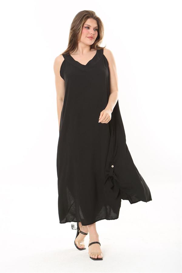 Kadın Büyük Beden Siyah Yan Boy Ayarlı Kolsuz Uzun Elbise 65N37885