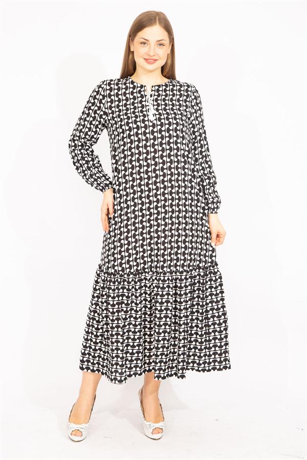 Kadın Siyah Dokuma Viskon Kumaş Etek Ucu Katlı Uzun Kollu Elbise 65N35513