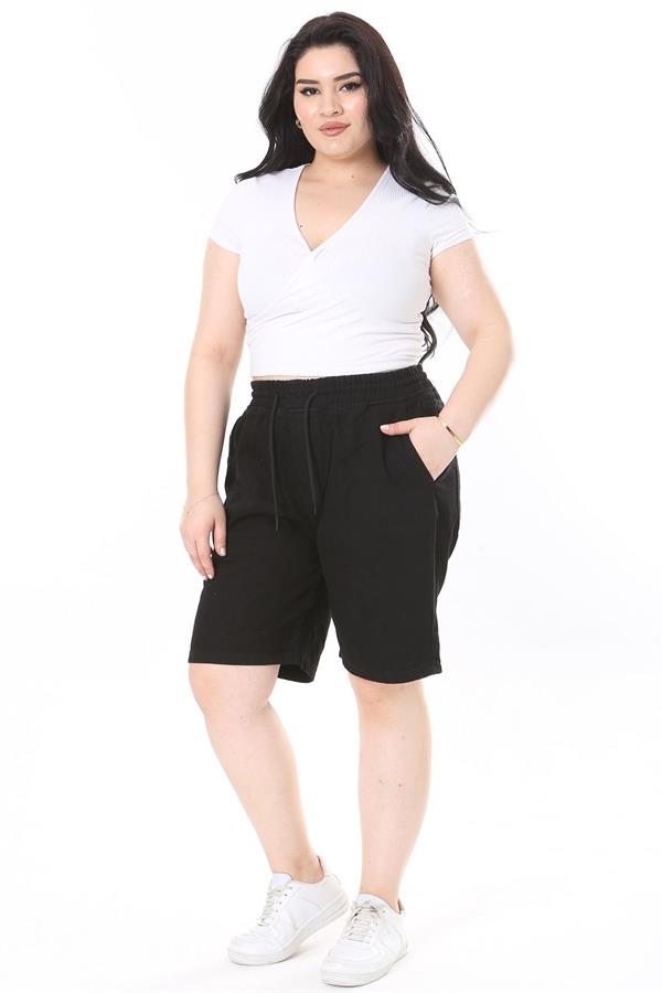 Kadın Büyük Beden Siyah Beli Lastikli 4 Cepli Kot Şort 65N38068