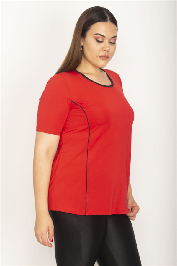 Kadın Kırmızı Yaka Ve Kup Biyeli Kısa Kollu Bluz 65N27038