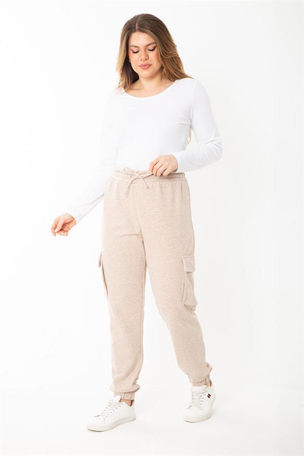 Kadın Büyük Beden Vizon Bel Ve Paçası Lastikli Kargo Cepli Eşofman Alt 65N37391