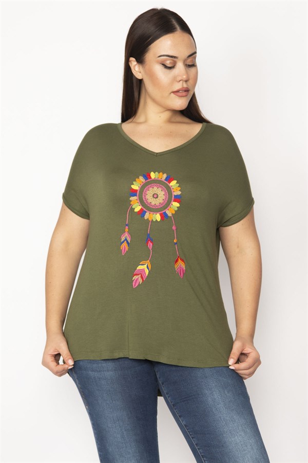 Kadın Haki Nakış Detaylı V Yaka Düşük Kol Bluz 65N29513