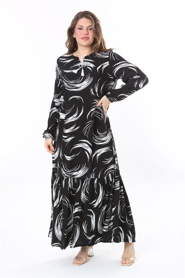 Kadın Büyük Beden Siyah Dokuma Viskon Kumaş Etek Ucu Katlı Uzun Kollu Elbise 65N37958