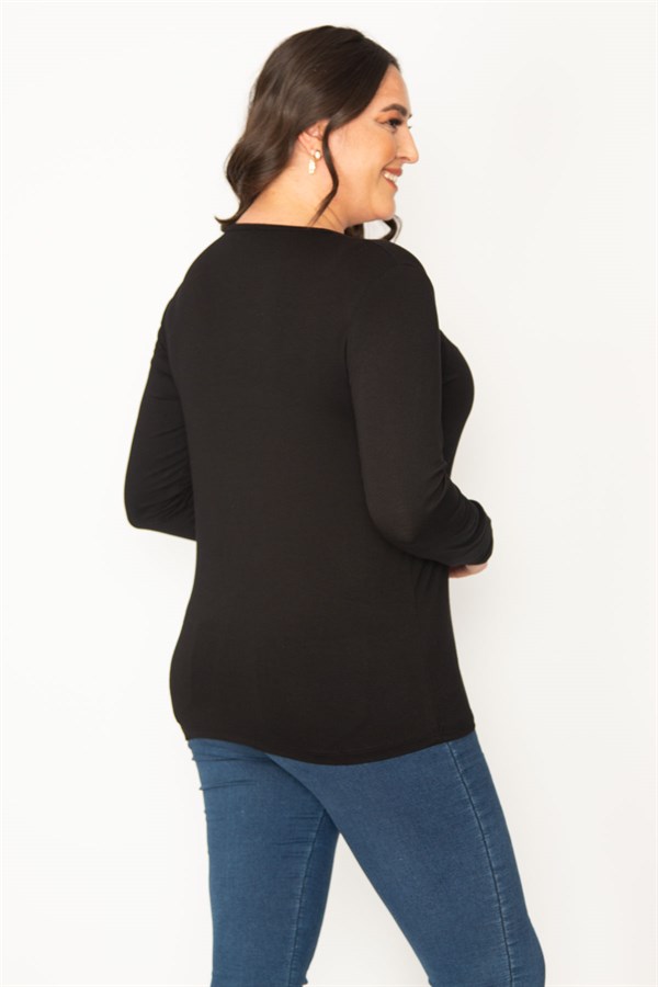 Kadın Siyah Yarısı Pul Payet Detaylı V Yaka Bluz 65N30422